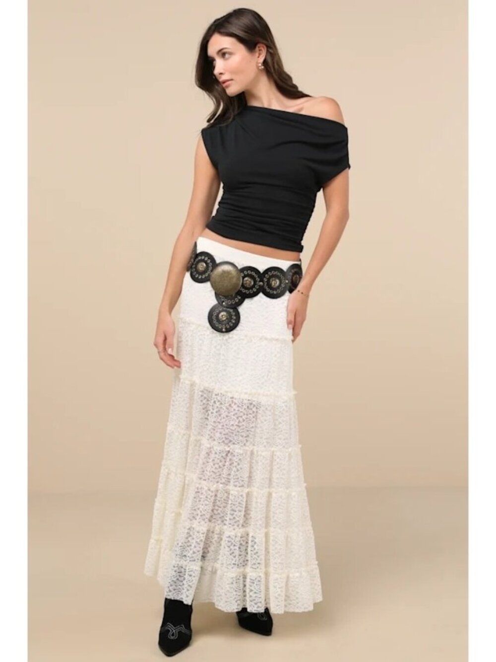 Lulu's White Lace Tiered Asymmetrical Skirt with Black Belt Detail